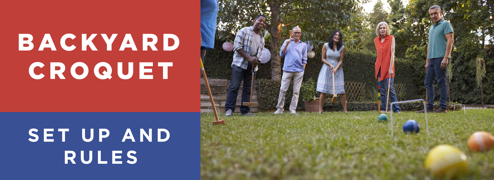 Backyard croquet set up and rules displayed with mallets, balls, wickets, and turf on a clearly marked outdoor court.