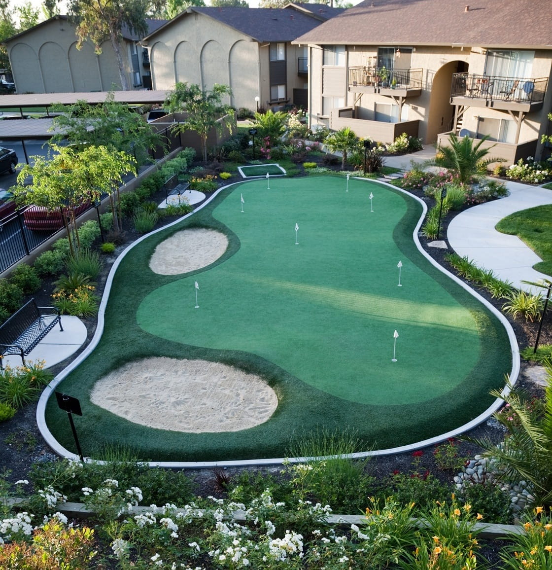 backyards with putting greens chipping integrated design style